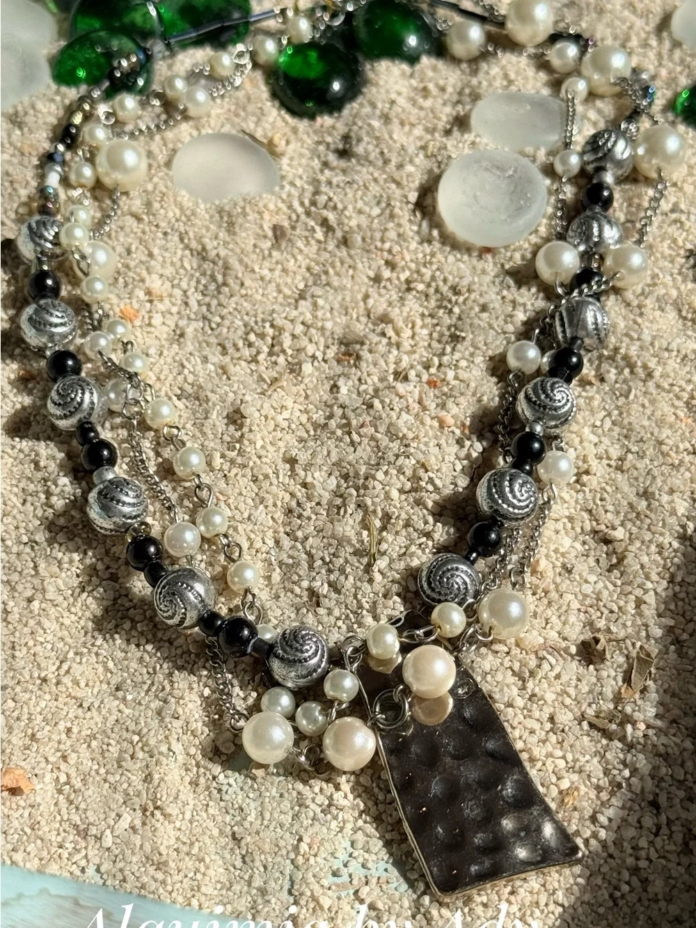 Silver, Black onyx & White Multi-Strand Necklace